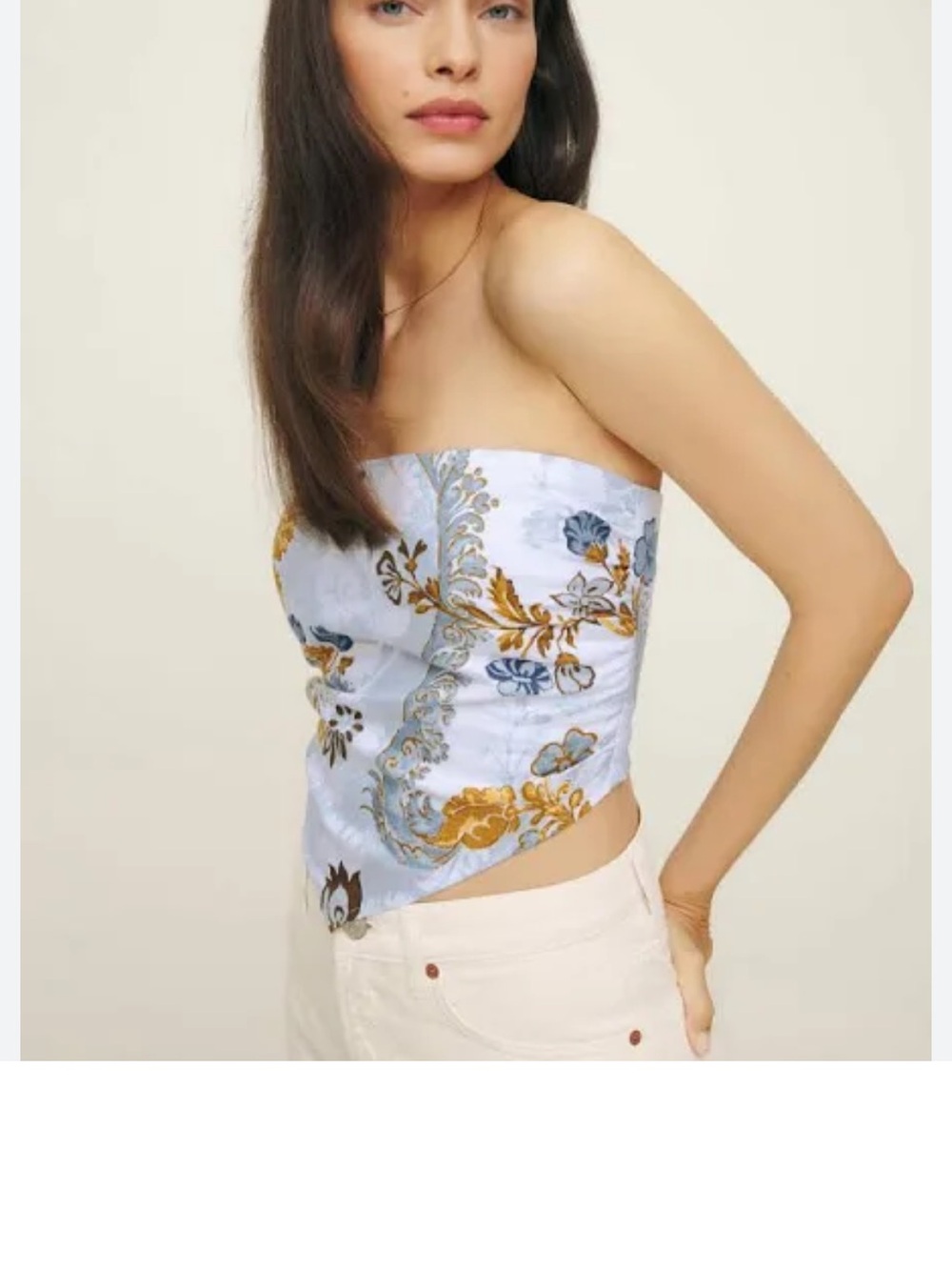 Reformation Strapless Floral Scarf Top in Light Blue with Gold Accents